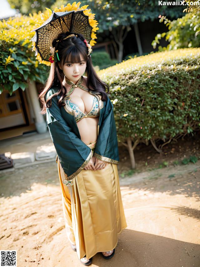 A woman in a yellow and green outfit holding an umbrella.