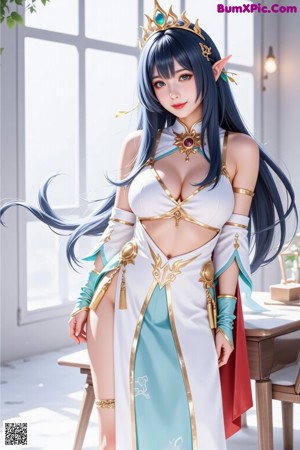 A woman with long black hair wearing a crown and gloves.