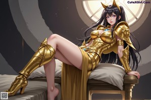 A woman in a gold outfit sitting on a bed.