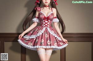 a woman in a red and white dress posing for a picture