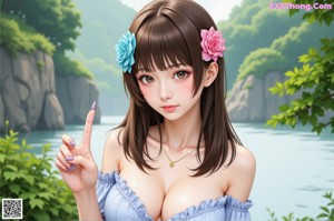 Anime girl with big tits posing in front of a window.