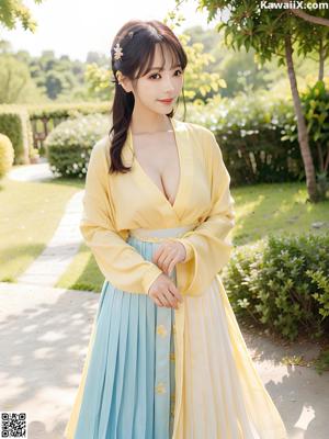 A woman in an orange kimono sitting on a wooden floor.