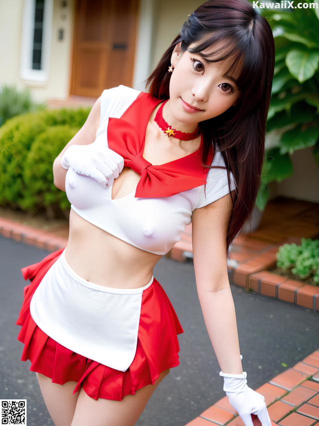 A woman in a red and white uniform posing for a picture.