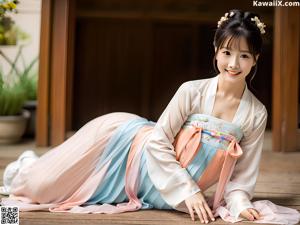 A woman wearing a pink and blue hanbok standing in front of a window.
